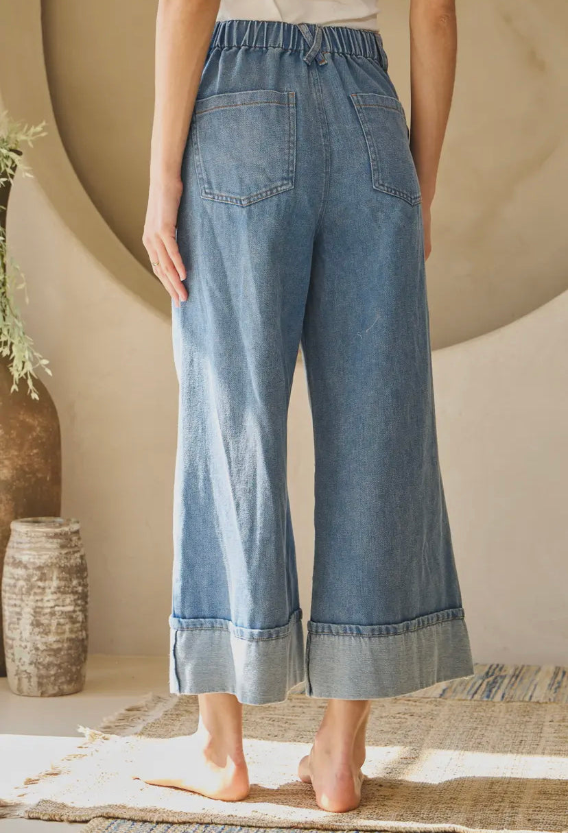 Washed Denim Wide Leg Pants