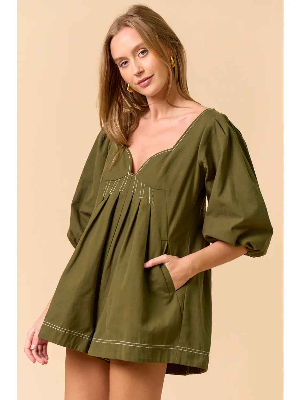 Olive Green Puff Sleeve Romper