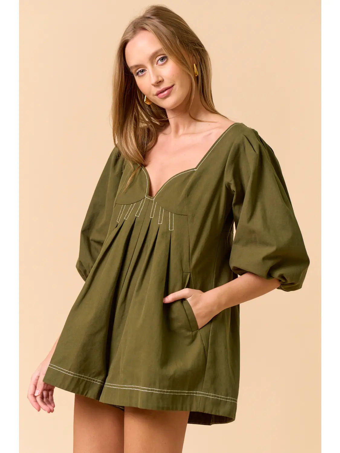 Olive Green Puff Sleeve Romper