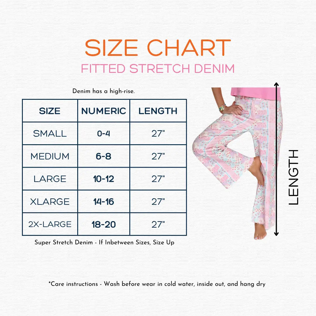 Size chart graphic for fitted stretch denim pants, showing a size table from Small to 2X-Large with numeric ranges and 27-inch length, plus a model wearing patterned pink and white pants with a vertical LENGTH label.