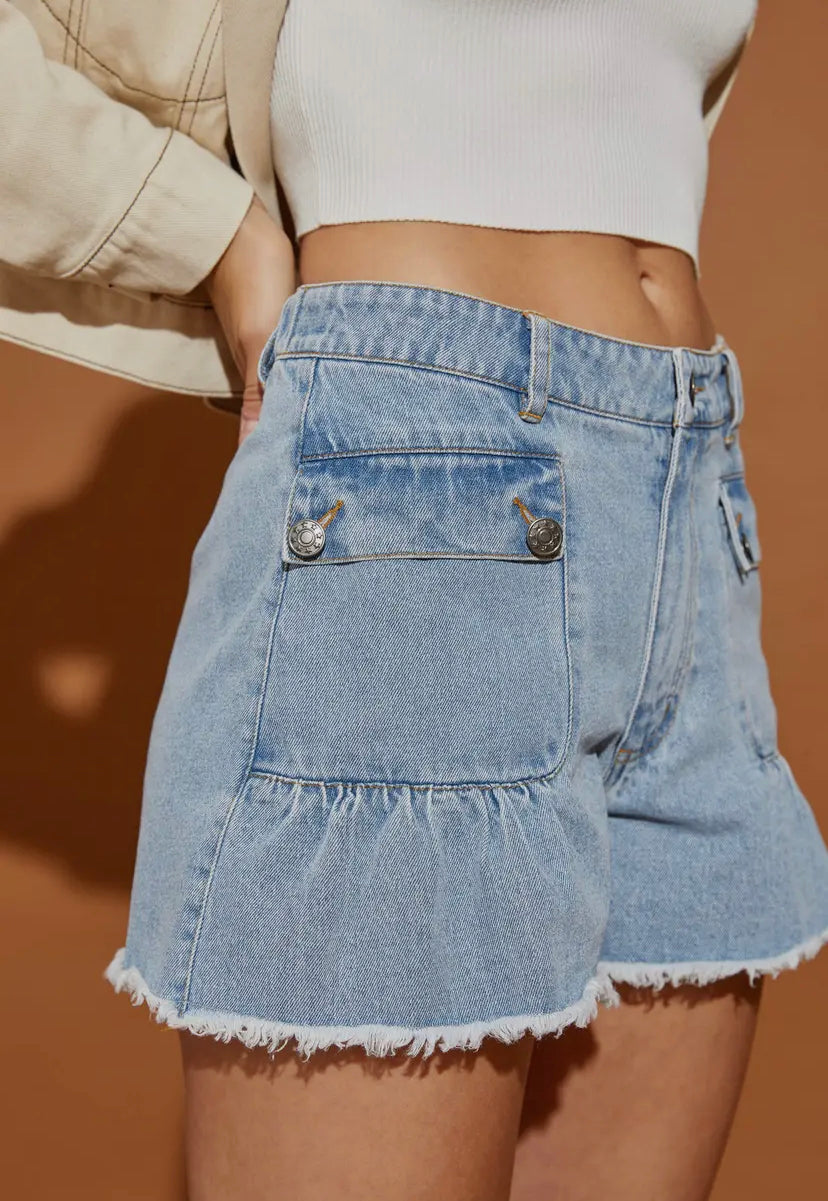 Pleated Denim Shorts