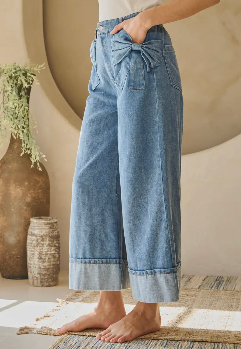 Washed Denim Wide Leg Pants