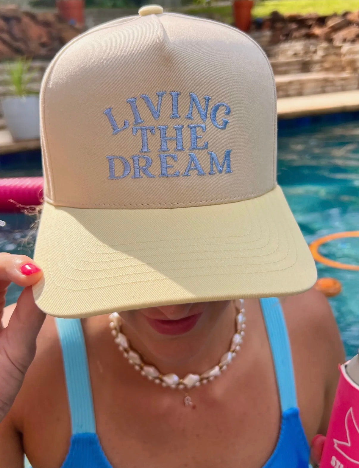 Living the Dream - Butter Yellow/ Baby Blue Trucker Hat
