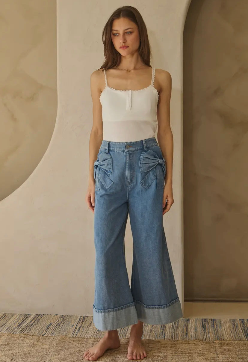 Washed Denim Wide Leg Pants