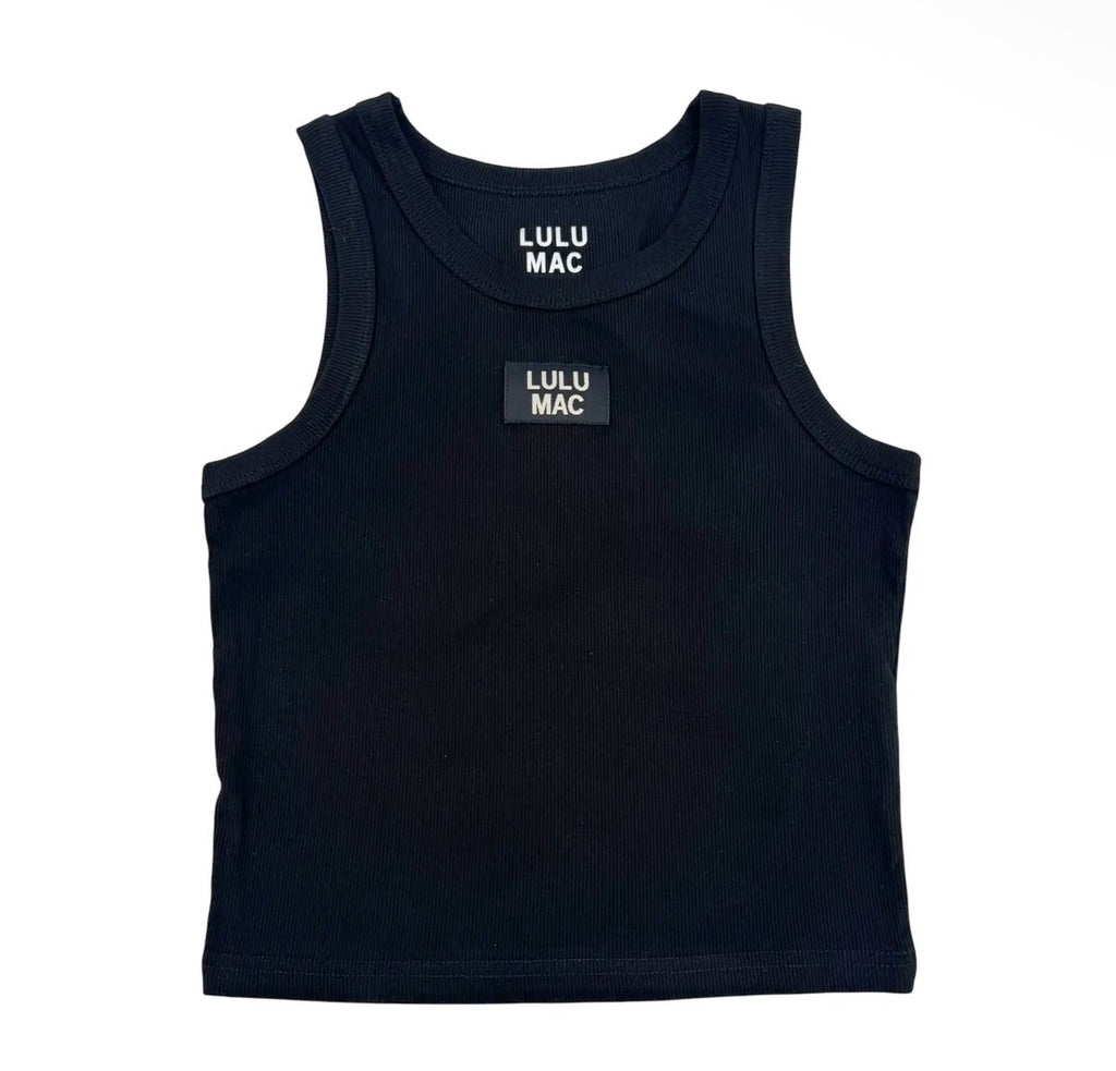 A black ribbed sleeveless tank top with 'LULU MAC' printed in white on the chest and inside the collar, shown flat against a white background.
