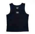 A black ribbed sleeveless tank top with 'LULU MAC' printed in white on the chest and inside the collar, shown flat against a white background.