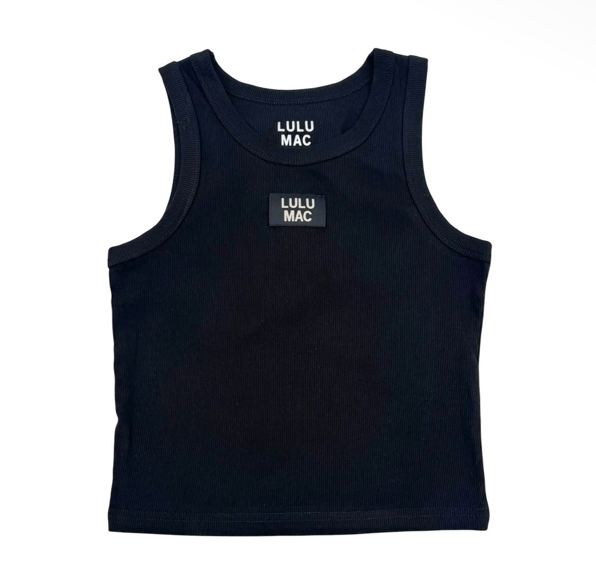 A black ribbed sleeveless tank top with 'LULU MAC' printed in white on the chest and inside the collar, shown flat against a white background.