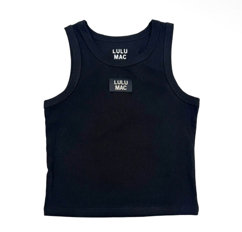 A black ribbed sleeveless tank top with 'LULU MAC' printed in white on the chest and inside the collar, shown flat against a white background.