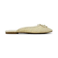 Beige woven flat shoe on a light gray background