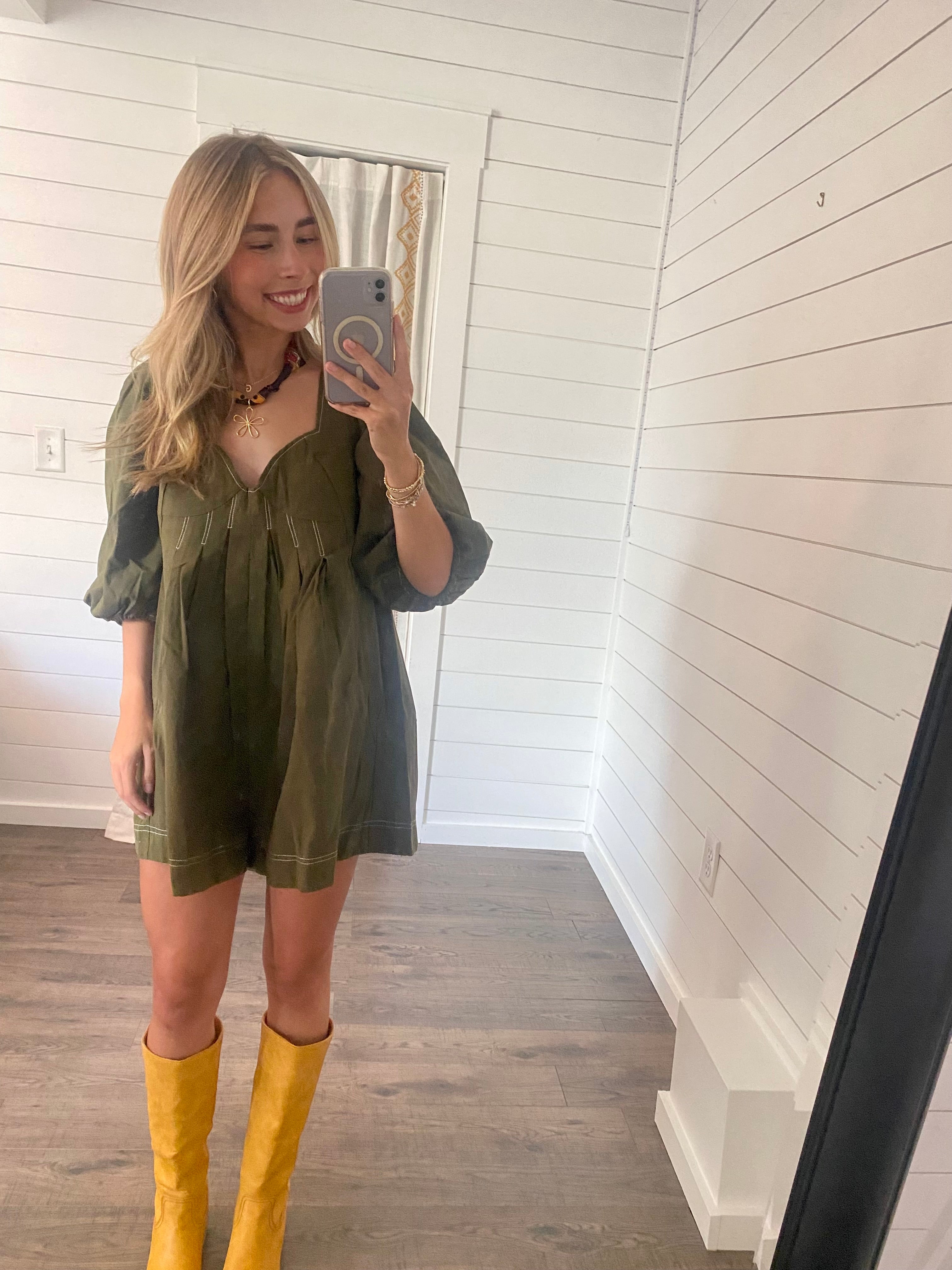 Olive Green Puff Sleeve Romper