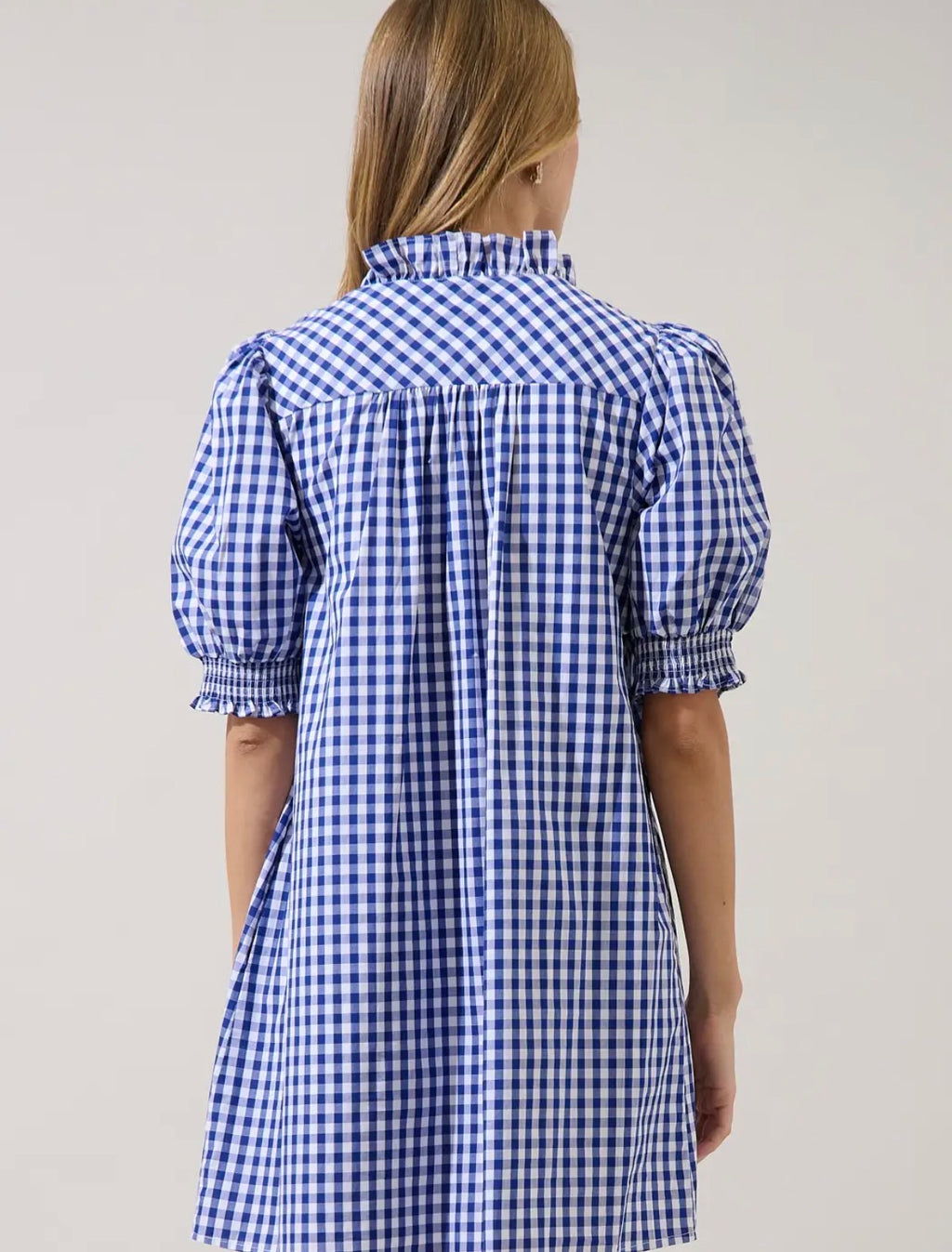 A woman viewed from the back wearing a blue and white gingham shirt dress with puff sleeves and a smocked waist, set against a plain light gray studio background.