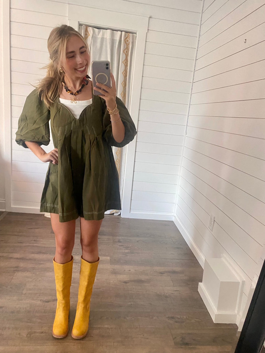 Olive Green Puff Sleeve Romper