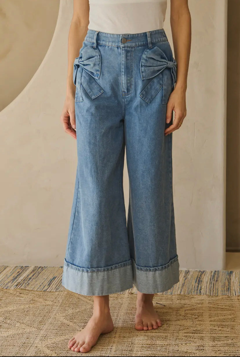 Washed Denim Wide Leg Pants