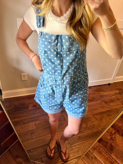 Person wearing blue polka dot overalls standing in front of a mirror.