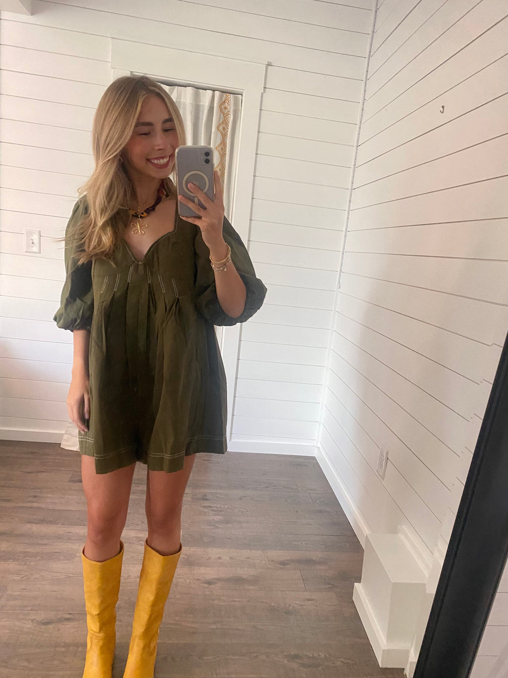 Olive Green Puff Sleeve Romper
