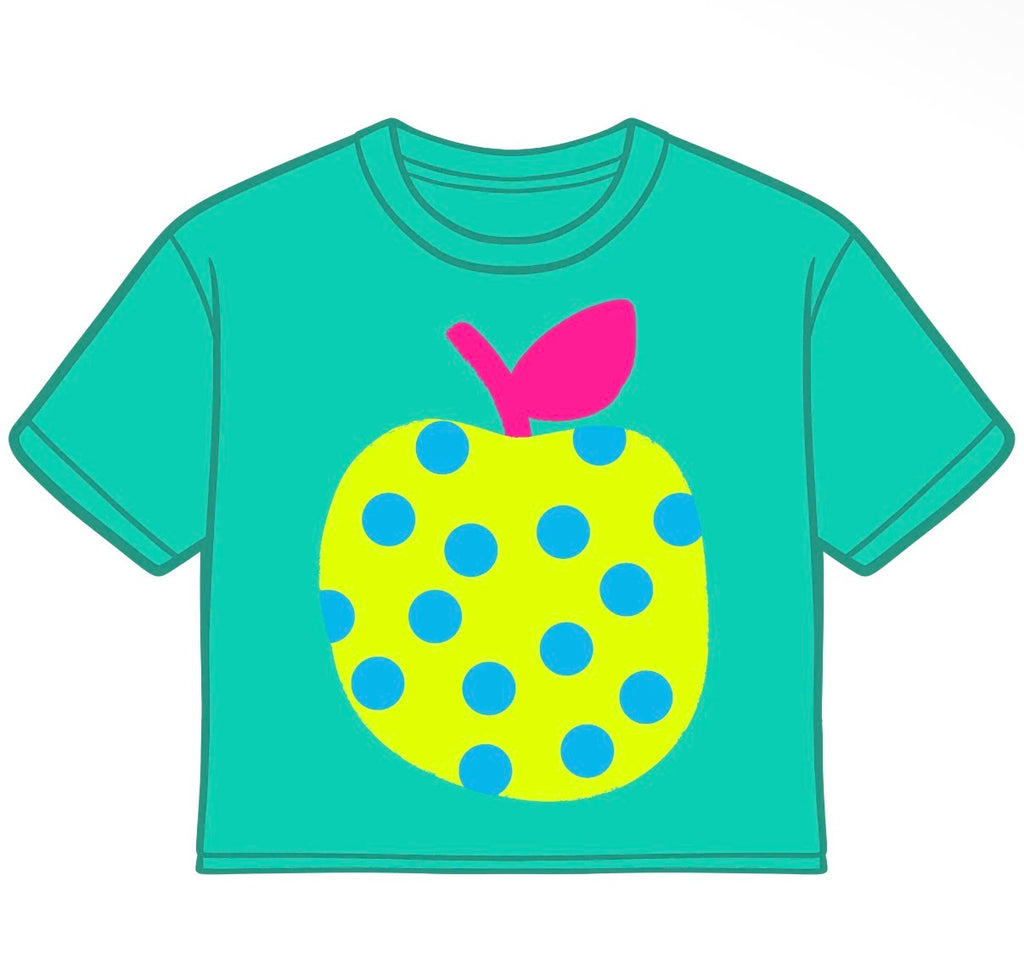 A short-sleeve crewneck t-shirt in teal, featuring a large graphic of a yellow apple with blue polka dots and a pink leaf on the front.