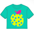 A short-sleeve crewneck t-shirt in teal, featuring a large graphic of a yellow apple with blue polka dots and a pink leaf on the front.