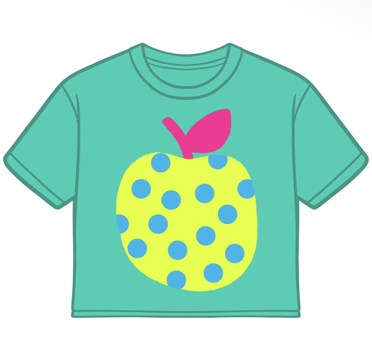 A short-sleeve crewneck t-shirt in teal, featuring a large graphic of a yellow apple with blue polka dots and a pink leaf on the front.