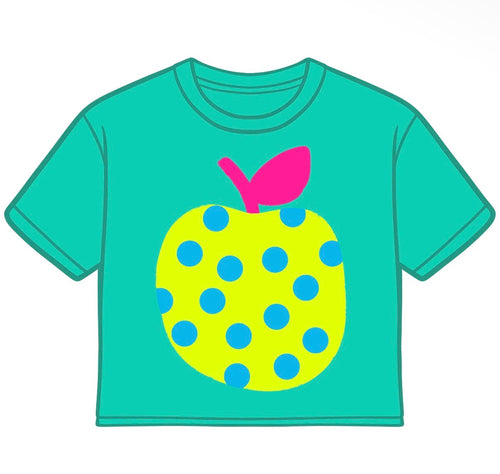 A short-sleeve crewneck t-shirt in teal, featuring a large graphic of a yellow apple with blue polka dots and a pink leaf on the front.
