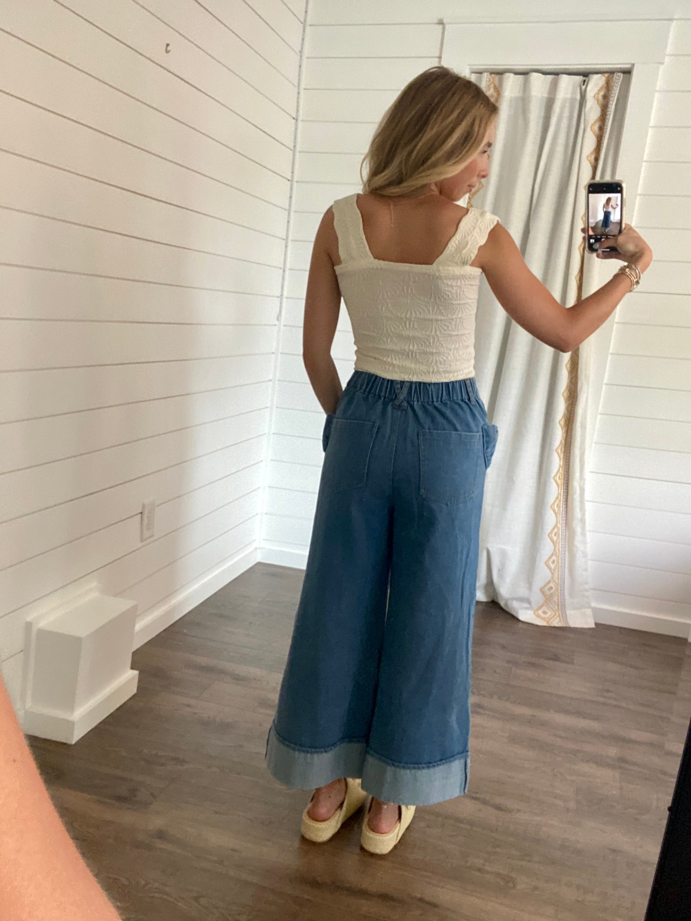 Washed Denim Wide Leg Pants