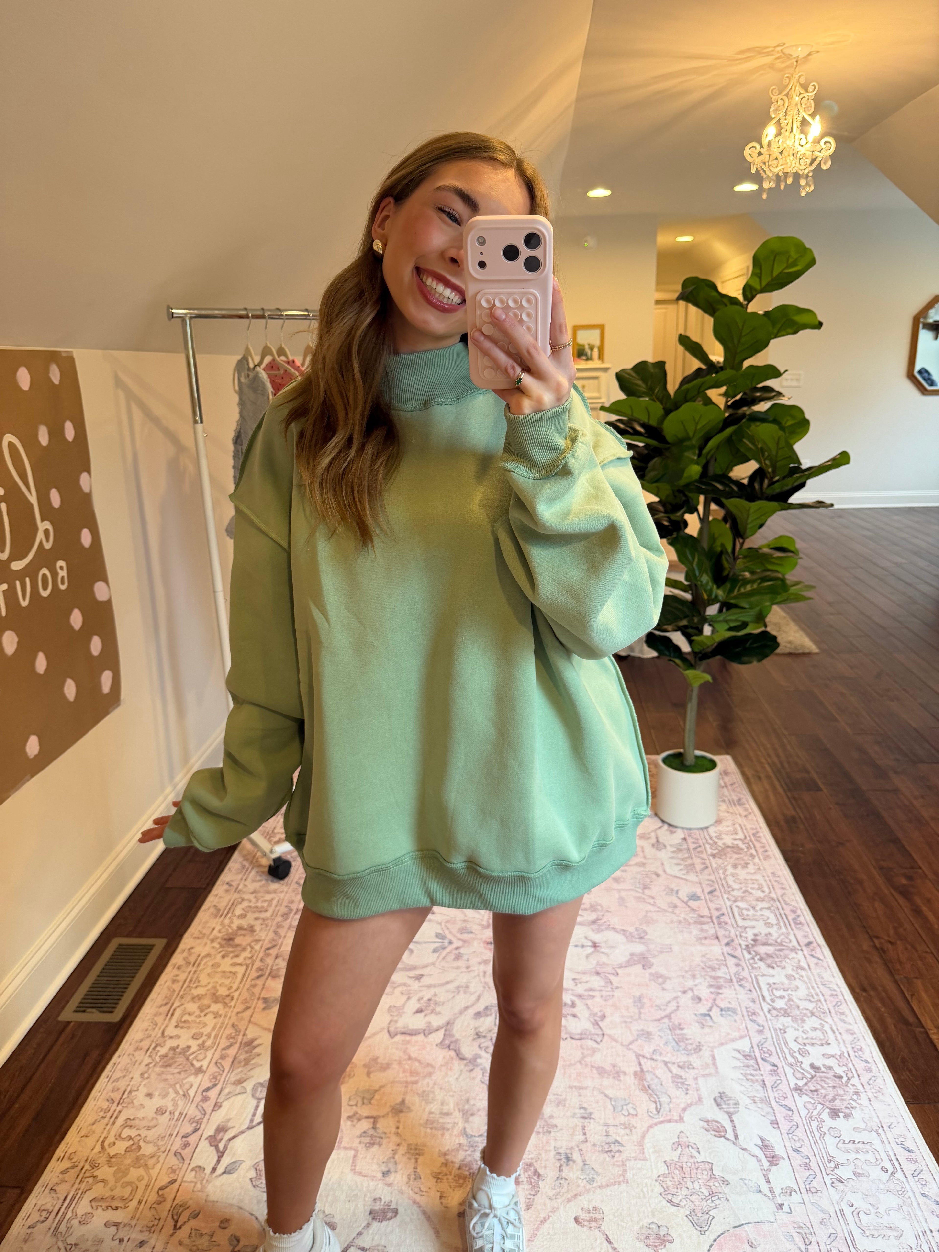 Person wearing a light green sweatshirt taking a mirror selfie in a room with a plant and decorative rug.