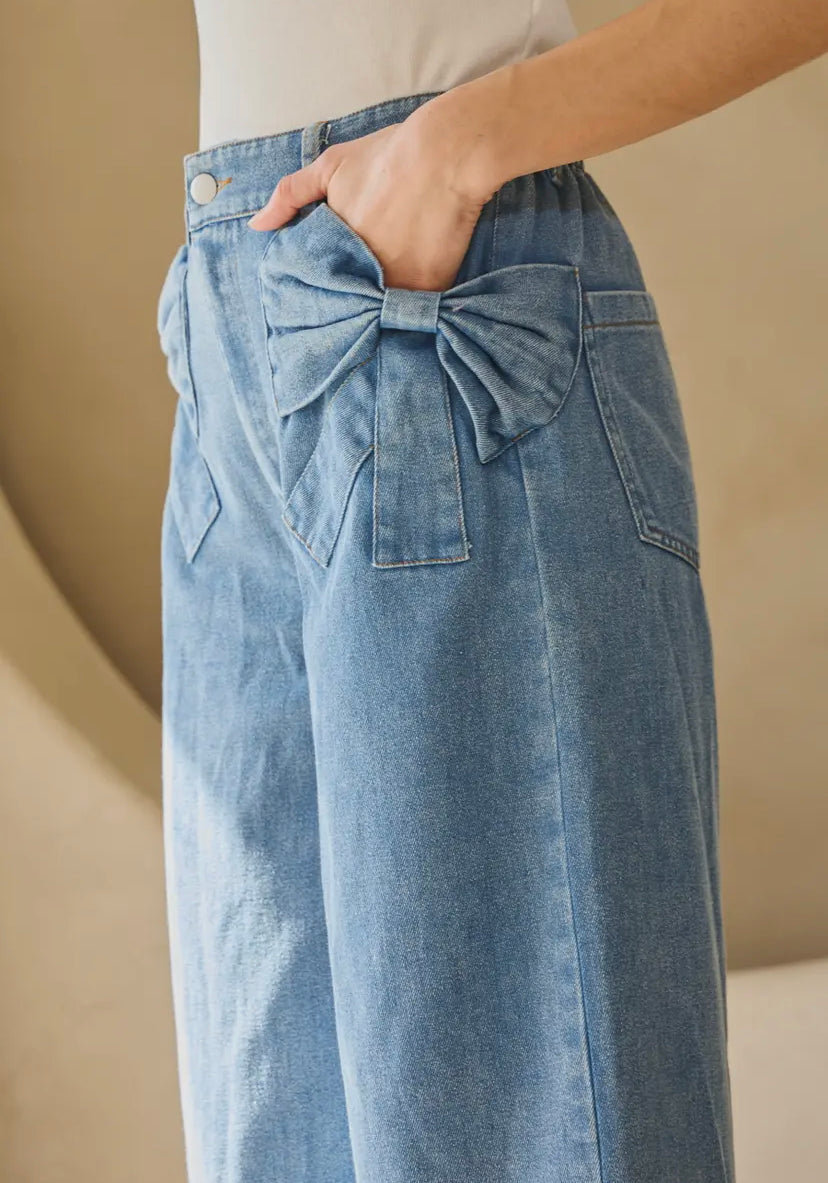 Washed Denim Wide Leg Pants