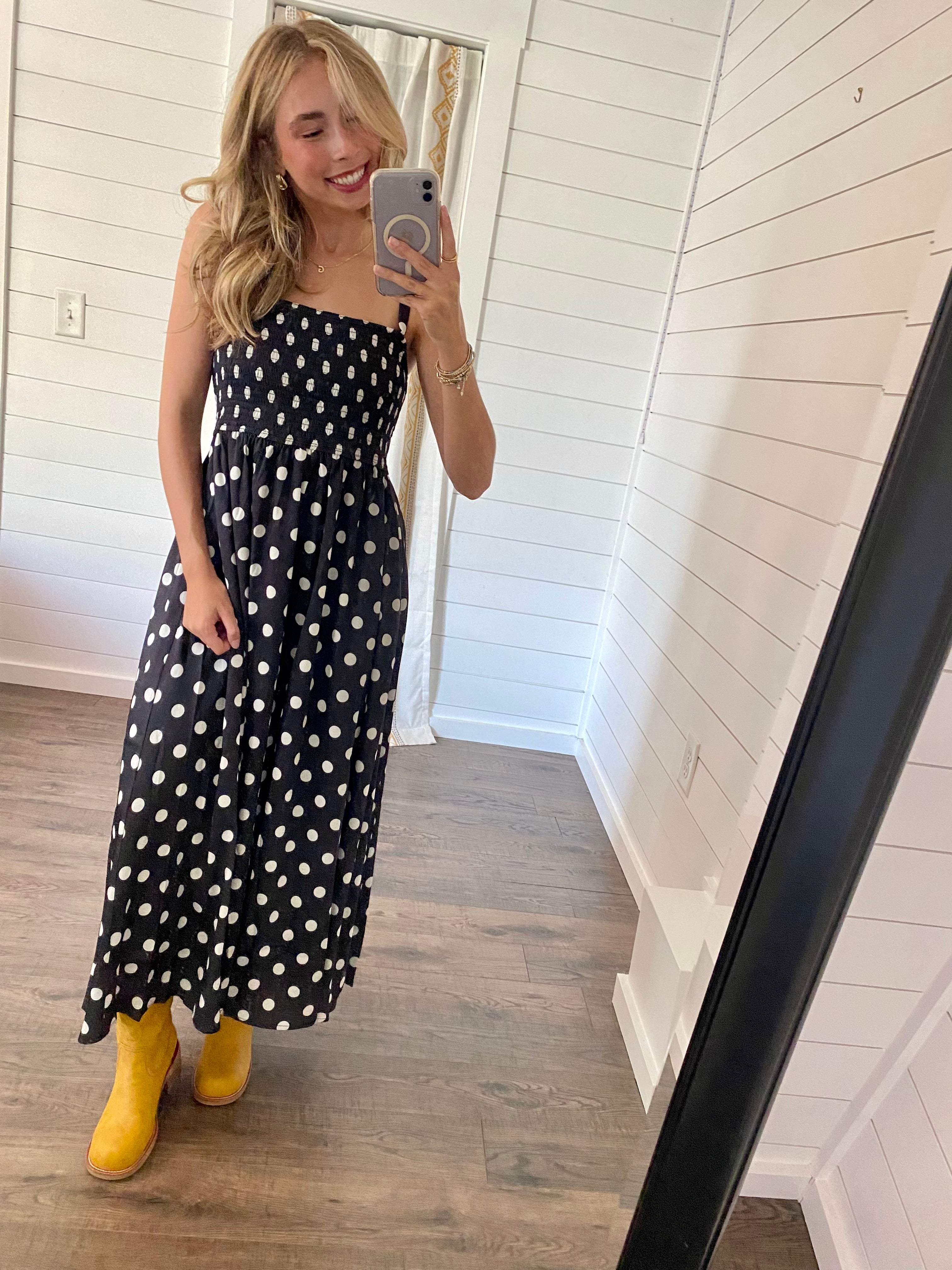 Polka Dot + Pockets Satin Midi Dress