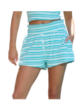 Women wearing a stripe pair of shorts. 