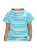 Women wearing a blue stripe t shirt!