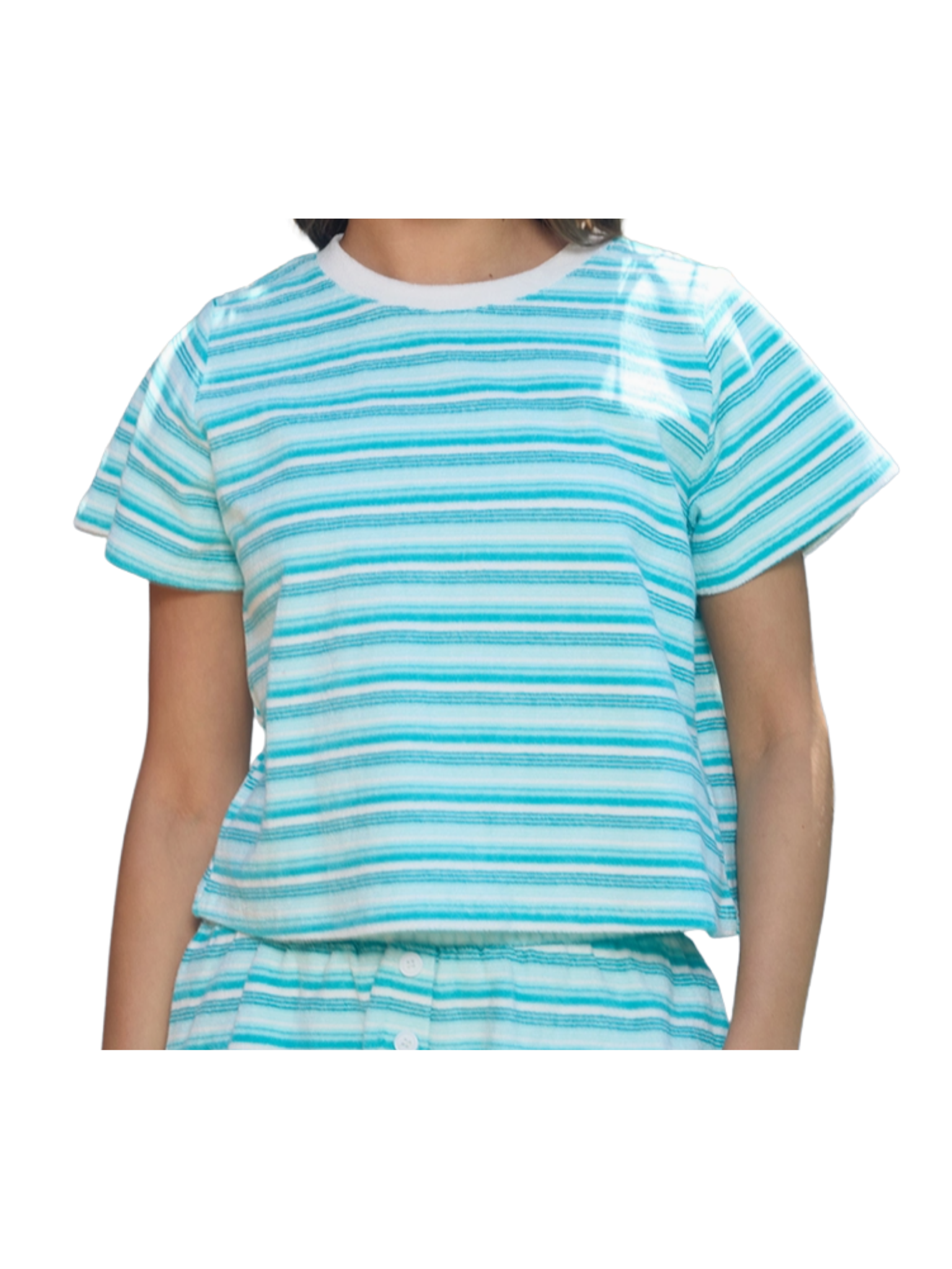 Women wearing a blue stripe t shirt!