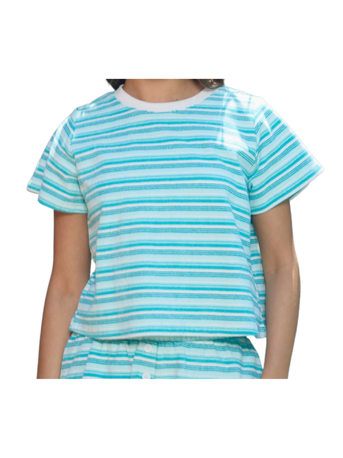 Women wearing a blue stripe t shirt!