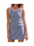 Woman wearing a stripe navy set.