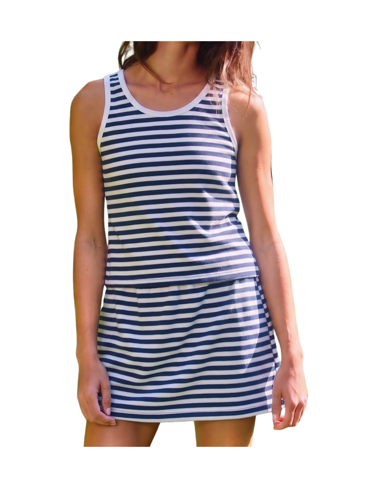 Woman wearing a stripe navy set.