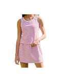 Woman wearing a stripe pink set.