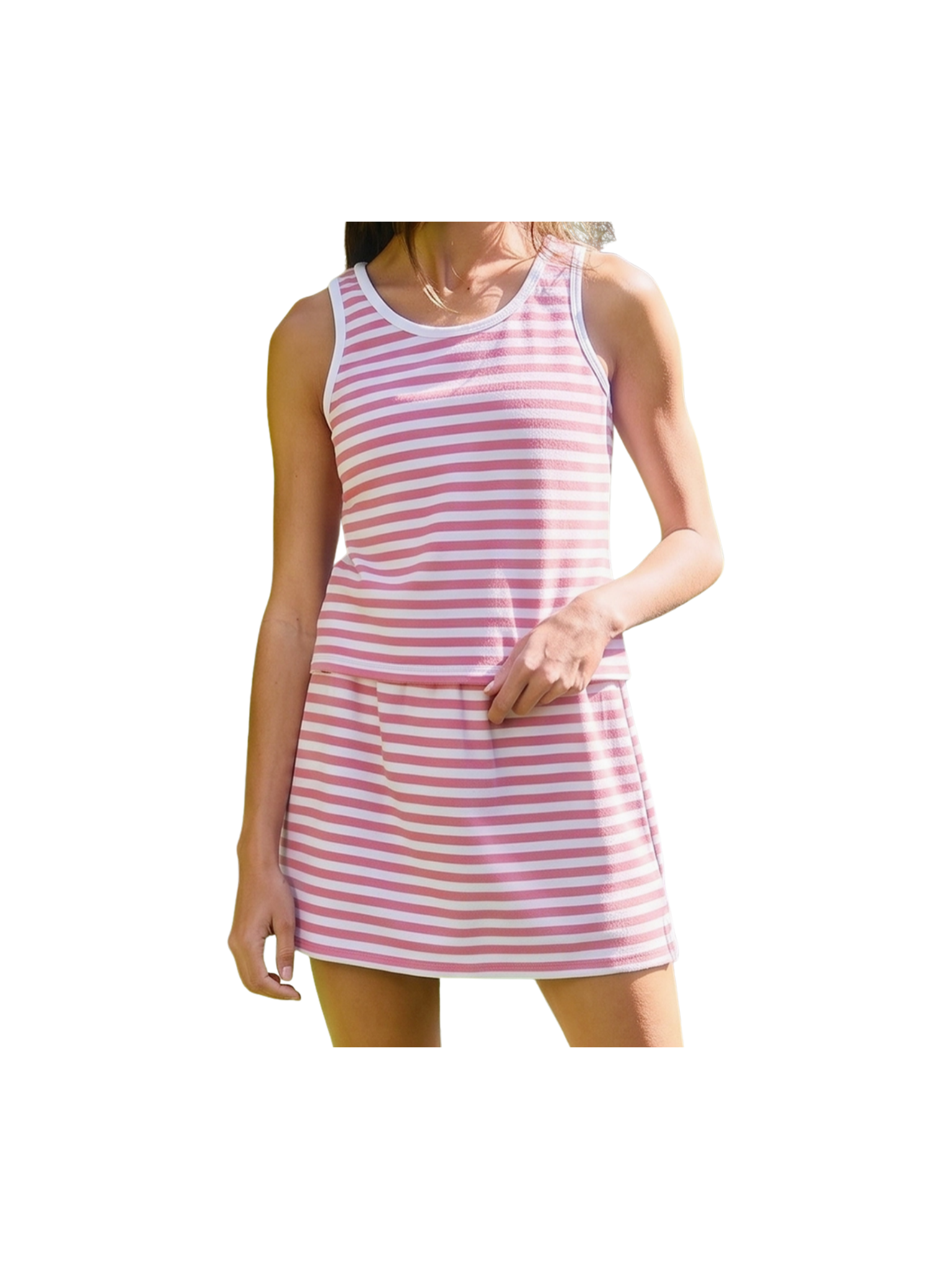 Woman wearing a stripe pink set.