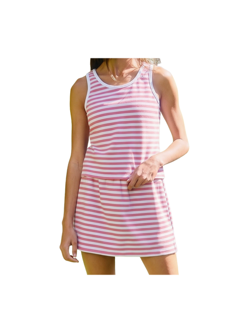 Woman wearing a stripe pink set.