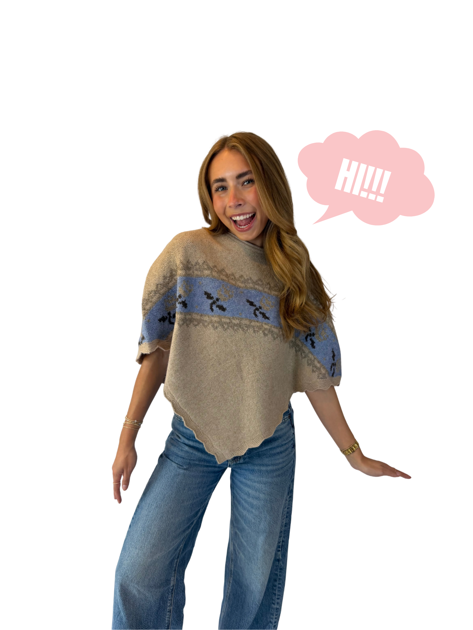 Woman with a pink speech bubble saying "HI!!!"