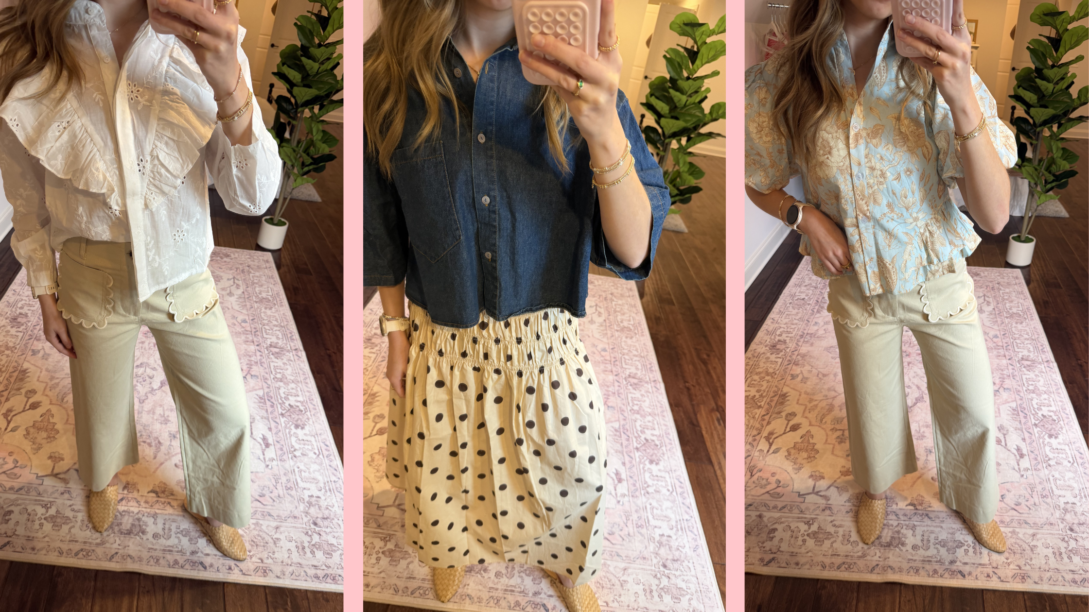 Three different outfits worn by a person in a home setting.