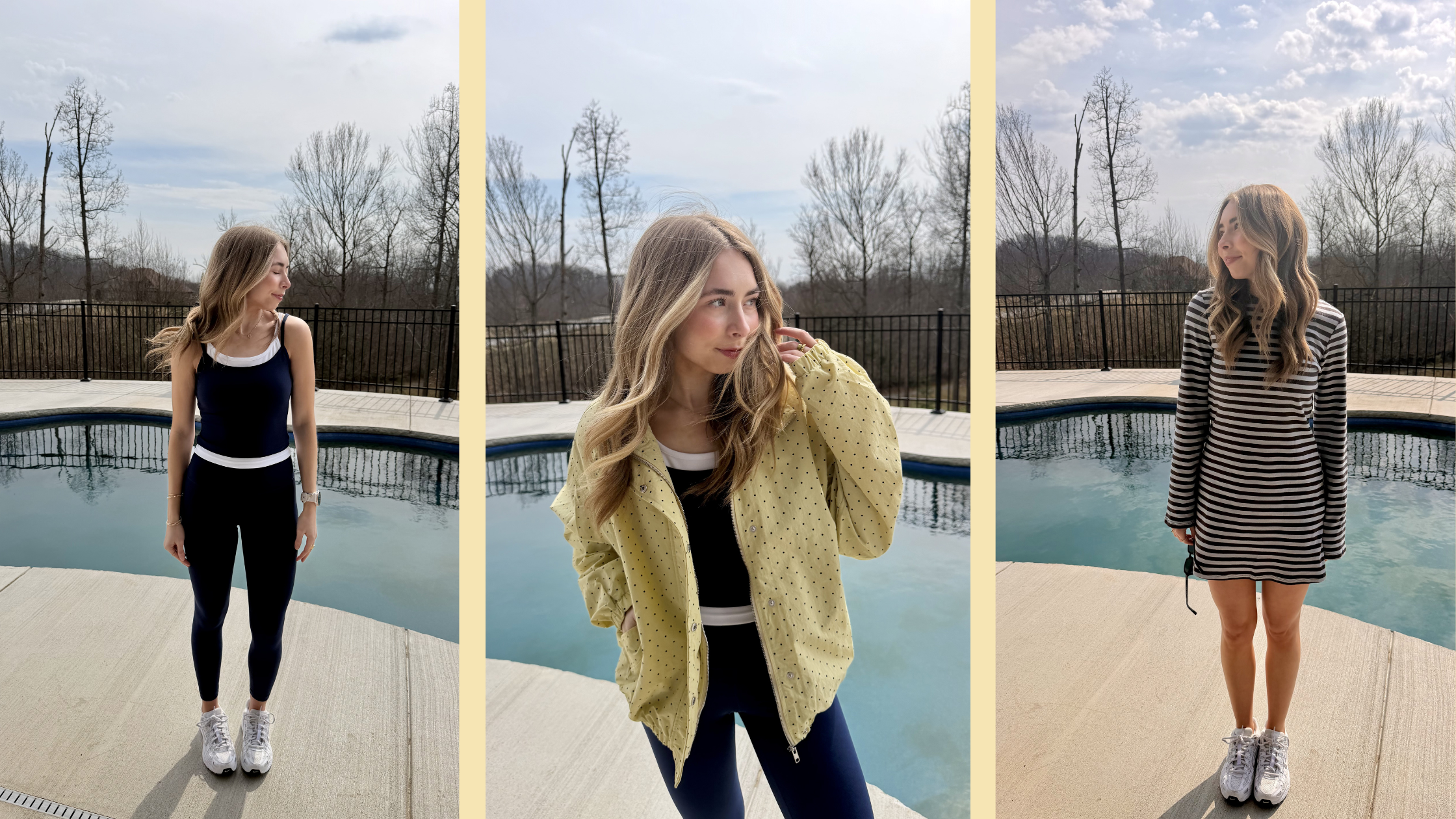 Three different outfits worn by a person by a pool.