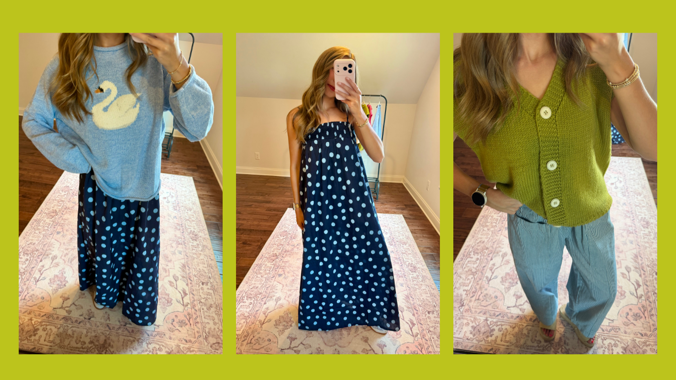 A three-panel collage showing a woman taking mirror selfies while wearing different outfits: a light blue sweater with a white swan graphic and navy polka-dot pants, a strapless navy polka-dot maxi dress, and an olive green cardigan with light blue pants. The panels are arranged side-by-side with a solid lime green border.