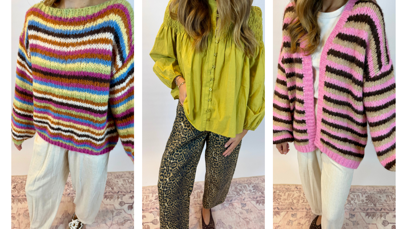 A three-panel collage showing a person wearing three different striped knit garments: a multicolor striped sweater, a yellow blouse with leopard-print pants, and a pink and brown striped cardigan.