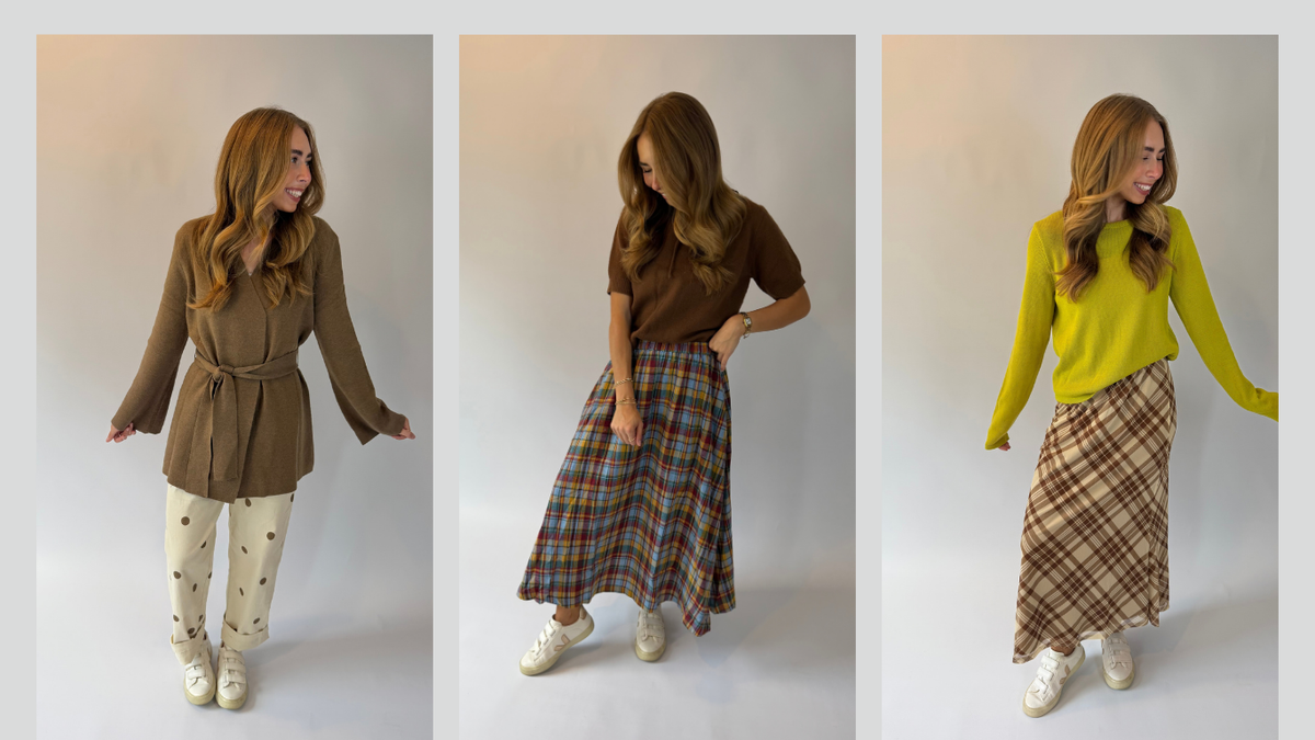 Women wearing 3 different outfits. 