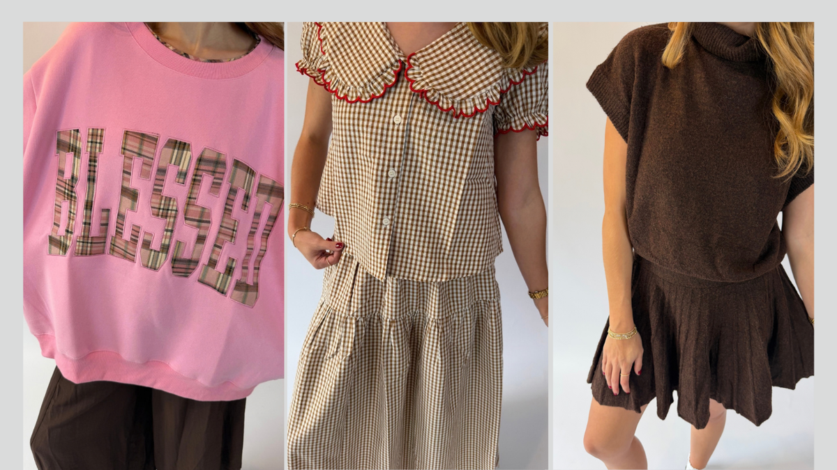 Woman wearing  different outfits on a white backdrop. 