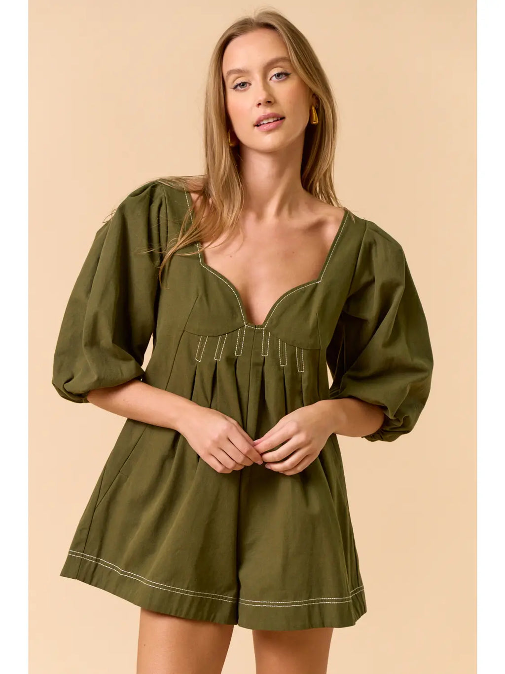 Olive Green Puff Sleeve Romper