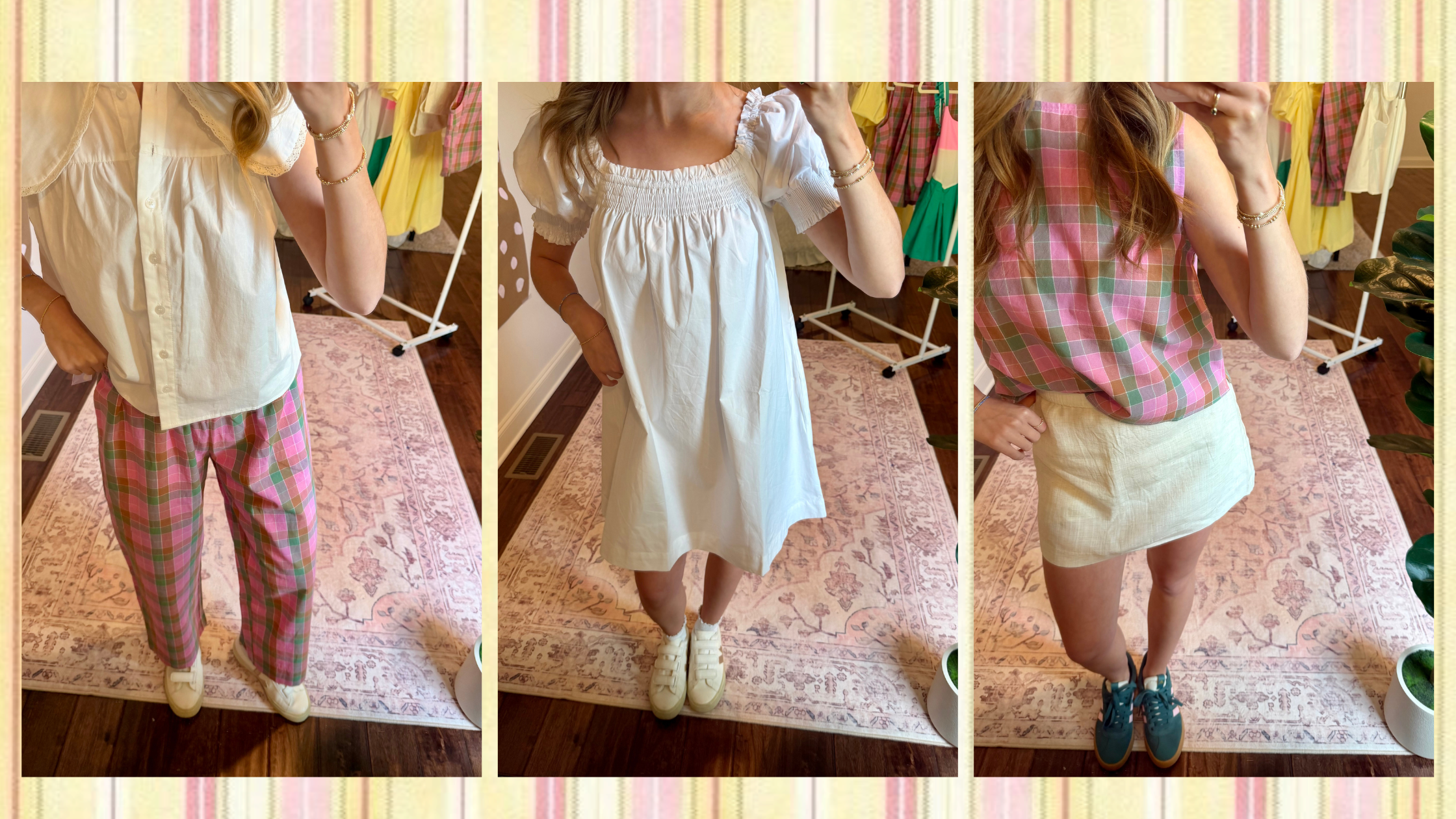 Collage of a woman wearing different outfits on a striped background