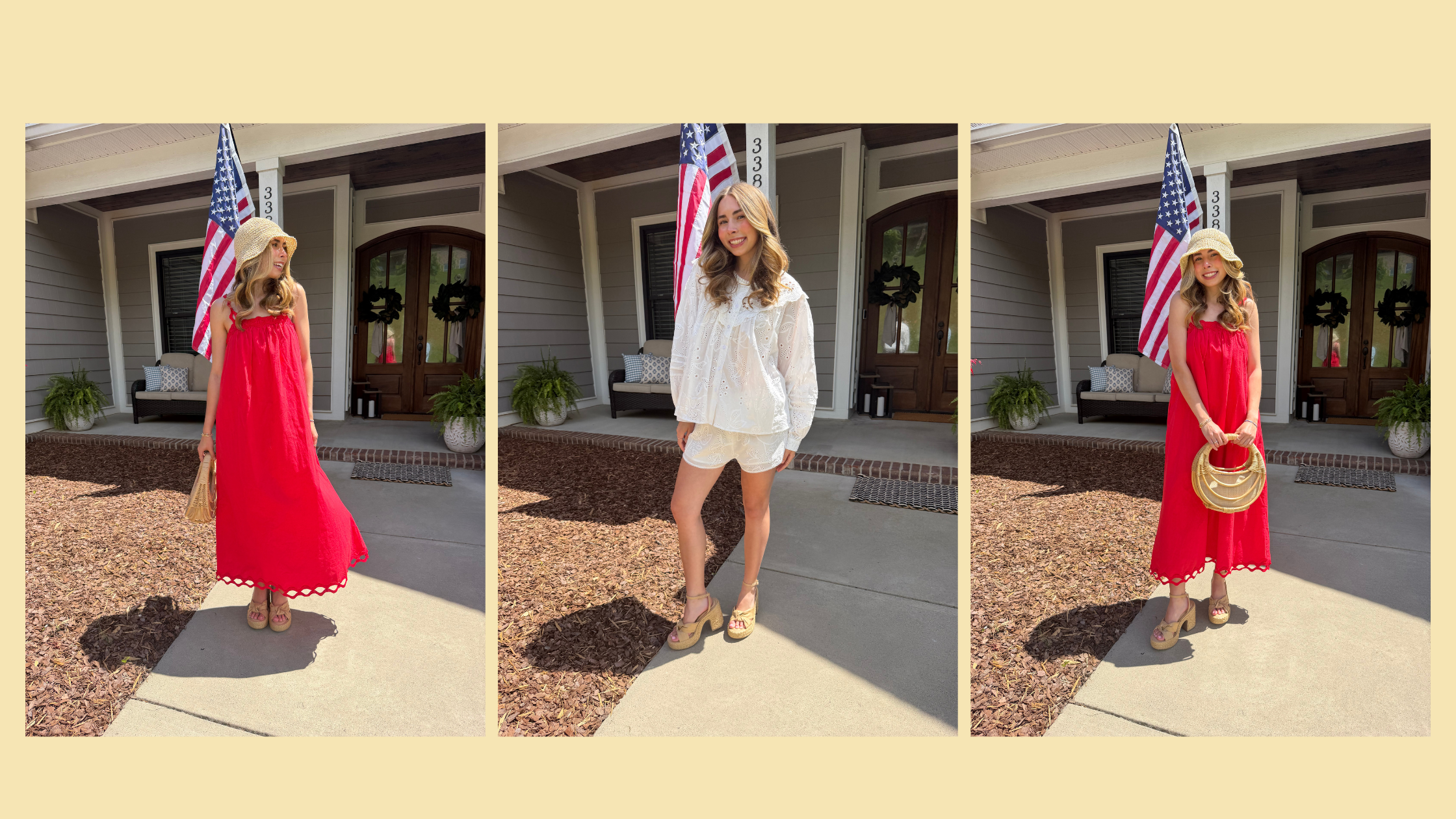 Three images of a woman in a red dress, white blouse, and red skirt standing in front of a house with American flags.