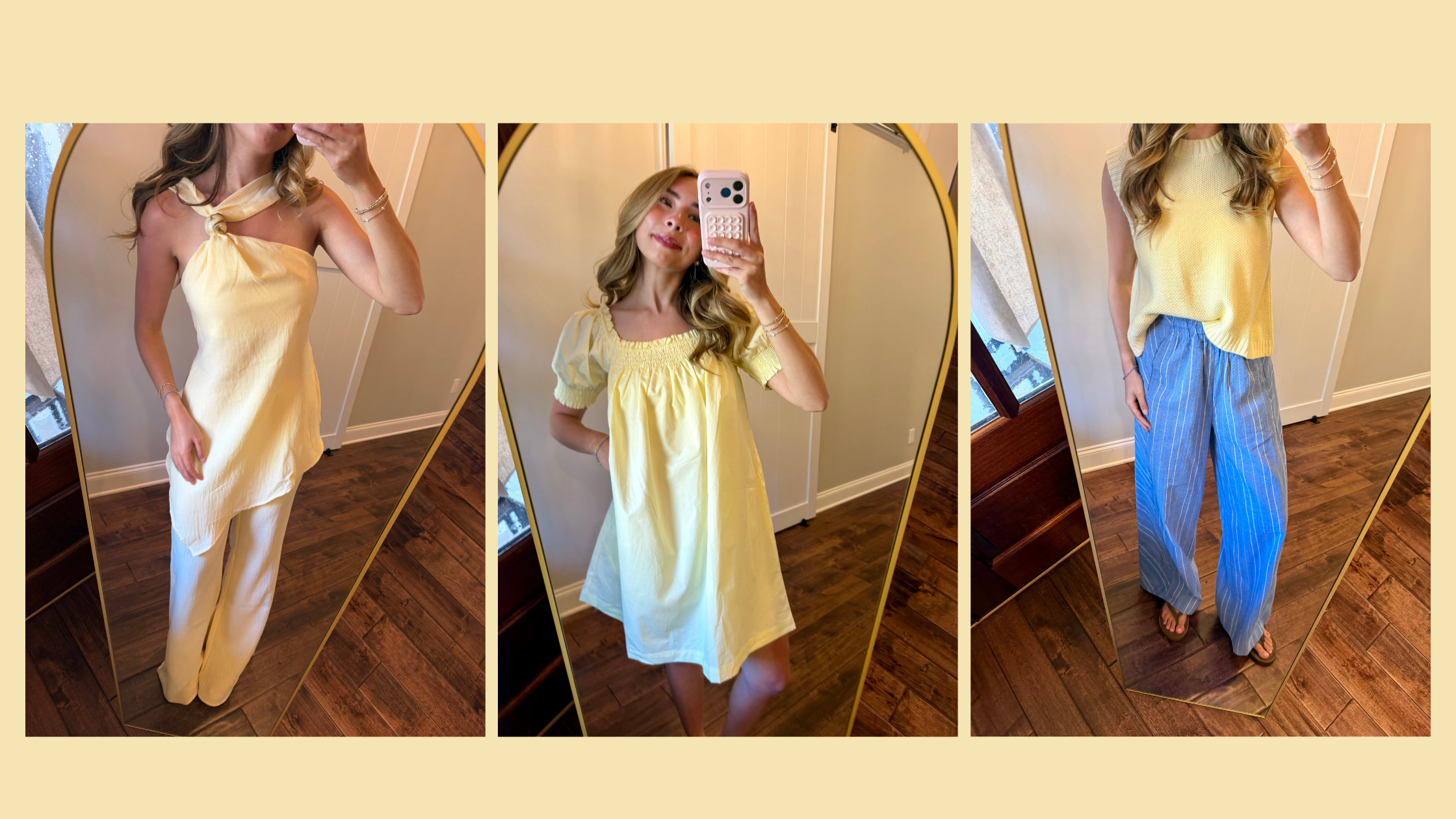 Women wearing 3 different yellow outfits.