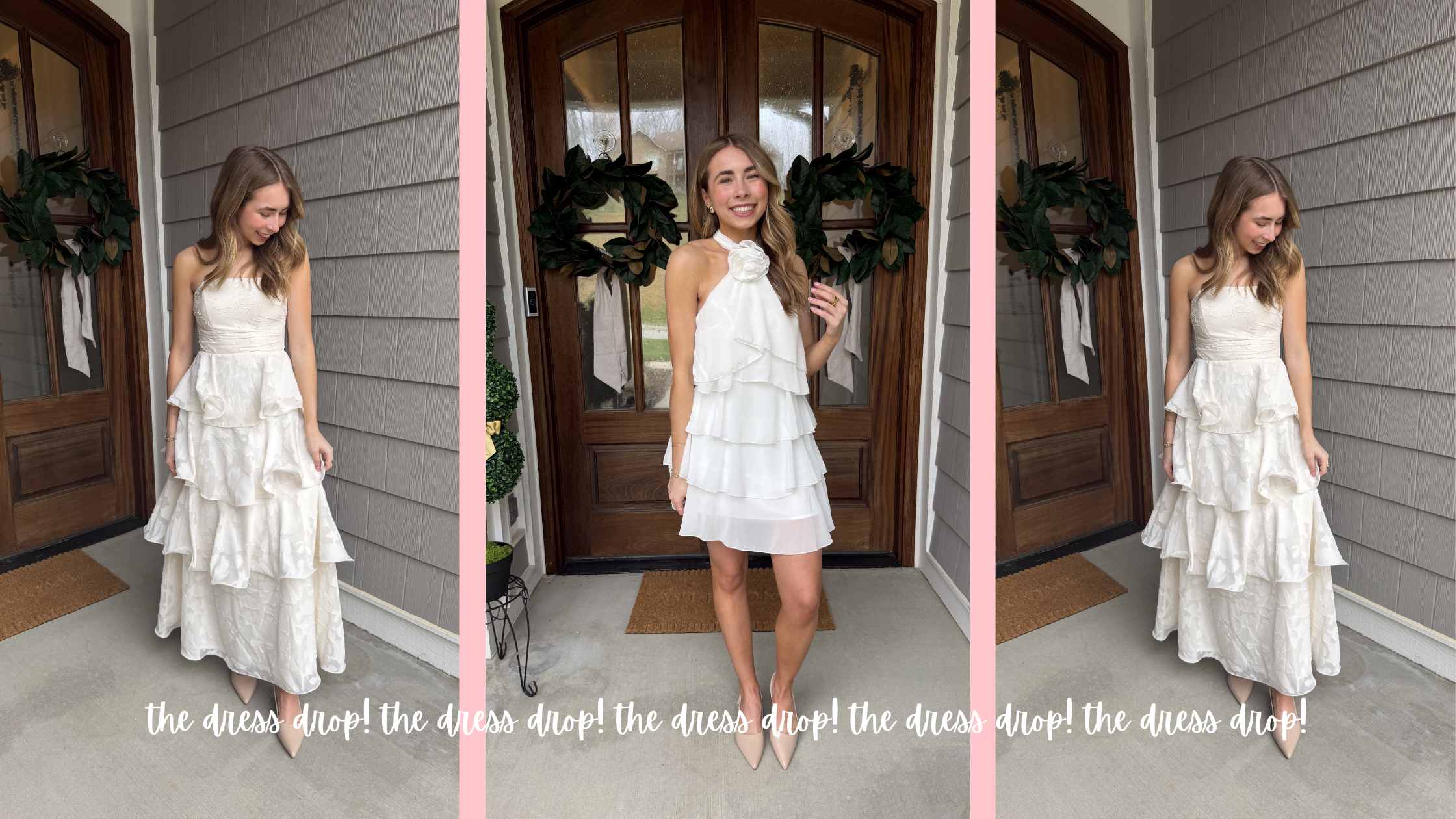 Woman in a white dress standing in front of a house with text 'the dress drop! the dress drop! the dress drop!' at the bottom.